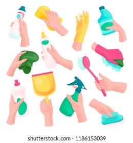 Women's hands with cleaning tools and cleanser rag. Wet mop with a sponge absorbent, whisk broom, small short-handled broom. Vector illustration human hands isolated from background