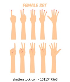 women's hands composing different gestures, showing various finger combinations, vector illustration