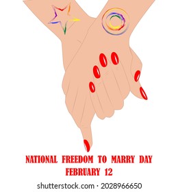 Women's hands connected together with rainbow tattoos - vector. National Freedom Day for Marriage. Support for same-sex marriage. LGBT concept. Banner