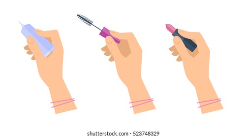 Women's hands with cosmetic accessories: lipstick, mascara brush and cream tube. Flat illustration of female hands with cosmetical tools. Vector isolated on white background design elements.