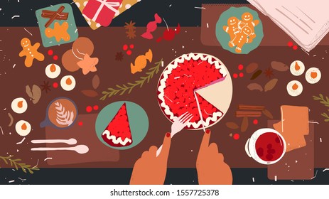 Women's hands cut a homemade cake for Christmas. Christmas celebration concept. Top view. Colorful cartoon holiday vector illustration