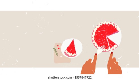 Women's hands cut a homemade cake. Top view with copy space. Colorful cartoon holiday vector illustration