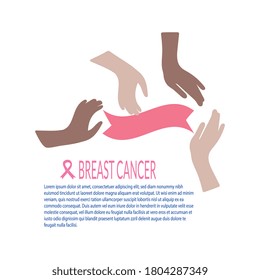 Manos de mujeres de diferentes naciones, cinta rosada, aisladas en un fondo blanco. Diseño del concepto de fondo del afiche del mes de sensibilización sobre el cáncer de mama.