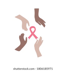 Women's hands of different Nations, pink ribbon, isolated on a white background. Design of the background concept of the breast cancer awareness month poster.