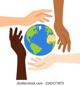 Manos de mujeres de diferentes tonos de piel que sostienen el planeta Tierra aisladas en un fondo blanco. concepto de día de la Tierra
