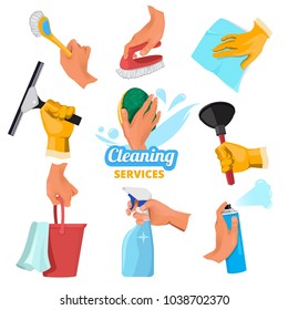 Womens hands with different tools for cleaning. Tools clean in hand, cleaner and brush, sponge washing. Vector illustration