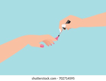 Women's hands doing a manicure applying pink nail polish Isolated on blue background. manicure service, Cosmetic Beauty concept flat design vector illustration.