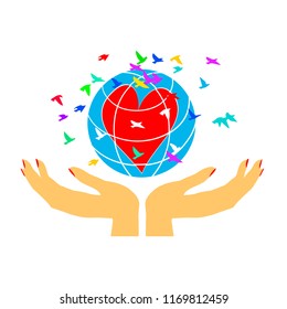 Women's hands embrace the globe. Love for planet earth. A symbol of caring. Ecology. Vector illustration isolated on white background, template for design, greeting card, invitation.