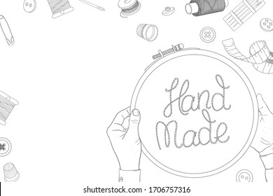 Women's hands and embroidery hoops with creative lettering. Skeins of thread, needles, and space for your text. Black and white vector illustration in sketch style. Template. Mock up. Black outline on