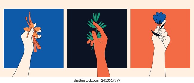 Women's hands with flowers. Women's day. Abstract drawings of hands and flowers. Doodle illustrations