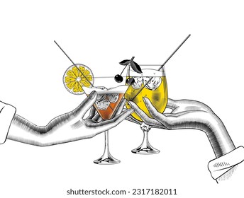 Women's hands with fruit cocktails and a slice of lemon and cherry. The theme of vacation and happy holidays. Vector illustration