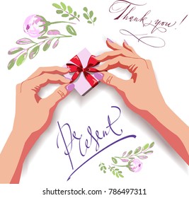 Women's hands with a gift box. Vector illustration isolated
