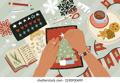 Women's hands glue a paper star on a New Year's card. Creative process. Handmade, creating Christmas decorations, congratulations and cards. Happy holiday. Flat style in vector illustration.