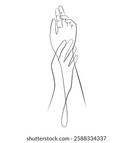 Women's hands with graceful fingers one line drawing on white isolated background. Beautiful female arms