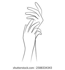 Women's hands with graceful fingers one line drawing on white isolated background. Beautiful female arms