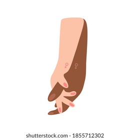Women's hands are held together with tattoos of Venus symbols, fingers intertwined. Symbol of love, February 14, LGBT.