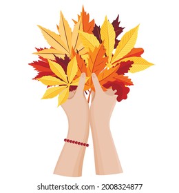 Women's hands hold a bouquet of autumn leaves. Seasonal vector illustration.