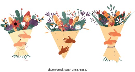 Women's hands hold a bouquet of flowers. Spring composition. Greeting card isolated on a white background. A set of gifts in the form of a bouquet of flowers. Colorful vector illustration. EPS 10