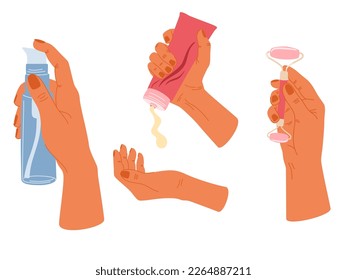 Las manos de las mujeres sostienen cosméticos. Crema hidratante, pulverización para la cara y la piel, rodillo de gouache para el masaje facial. Concepto de salud cutánea y belleza. Ideal para un salón de belleza, publicidad de cosméticos. Vector