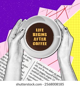 Women's hands hold a cup of coffee in retro collage style. Hand with halftone effect holds a porcelain cup of coffee against an abstract paper background with various scribbфles, wrinkles and grain.