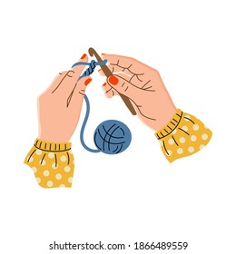 Women's hands hold the hook and yarn. Hands of a needlewoman. Crocheting. Vector illustration of a flat design. Creative hobby. Isolated on a white background svg