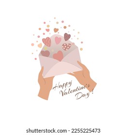 Women's hands hold a letter with hearts. Gift, greeting. St. Valentine`s day. Love and romantic theme. vector design.
