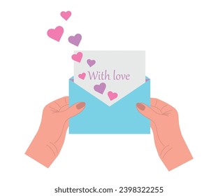 Women's hands hold an open envelope with a letter. Inscription with love. The woman received a love letter. Valentine's Day concept. Vector illustration for postcard, banner, screensaver.