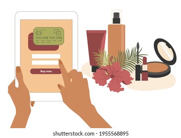 Die Hände der Frauen halten ein Tablett und bezahlen online mit einer Zahlung über eine App oder Website. Kaufen Sie Kosmetika und Hautpflegeprodukte, ohne Ihr Zuhause zu verlassen. Vektorgrafik