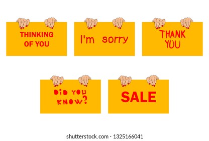 women's hands hold text- thinking of you, i'm sorry, thank you,  did you know, sale.