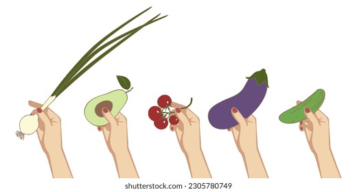 Die Hände der Frauen tragen Gemüse. Kirschtomaten, Zwiebeln, Avocado, Gurken. Ein Symbol für gesundes Essen. Vektorgrafik. 