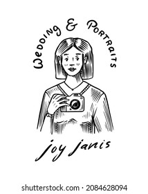 Women's hands hold vintage camera shutter. Wedding photographer badge or logo. Template for studio or store or shop. Hand drawn sketch for postcard, banner in simple minimalistic style. 