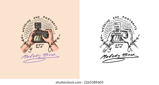 Women's hands hold vintage camera shutter. Wedding photographer badge or logo. Template for studio or store or shop. Hand drawn sketch for postcard, banner in simple minimalistic style. 