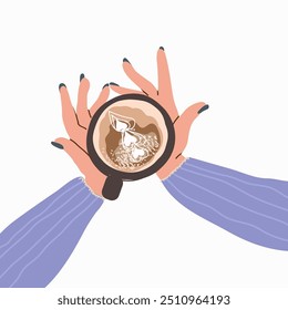 Women's hands holding coffee or tea cup, mug. Hand drawn vector illustration.