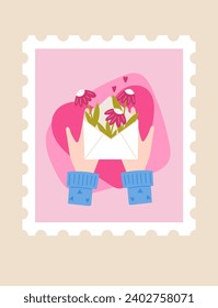 Women's hands holding envelope with red flowers in cartoon style. Greeting card in the form of a postage stamp. Valentine's Day or birthday. Vector.
