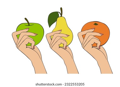 Women's hands are holding fruits. A set of fruits - apple, pear, orange,. A symbol of healthy eating. Vector illustration