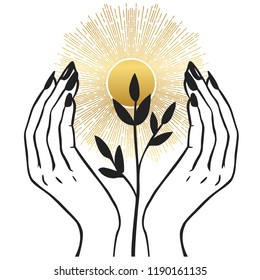 Women's hands holding Sun. Hand drawn vector illustration for t-shirt, temporary tattoo, stickers and other