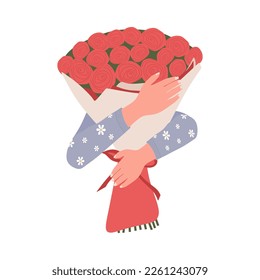 Women's hands hugging bouquet of roses, flat style. Female hands hugged flowers bouquet of roses isolated on white background. Vector illustration