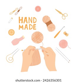 Women's hands knit. Vector illustration in flat style. Handmade needlework. Set of tools for hobby, knitting, female hands knit, hold a knitting needles. Hand drawn illustration. 