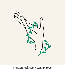 Logotipos de las manos de las mujeres en un estilo lineal mínimo. Emblema vectorial con una mano hembra sosteniendo una rama con molduras. Para empaque cosméticos, estudio de belleza, tatuaje, spa, manicura, joyería.