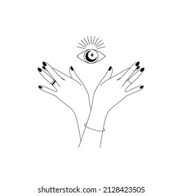 Womens hands with magic eye in in simple line art style. Esoteric and mystical Vision of Providence symbol for branding or logo cosmetics and beauty products.Tarot reader. Doodle Vector illustration