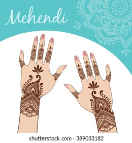 Women's hands, manicure. Mehendi. Vector.