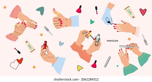 Women's hands with manicure, manicure tools, nail polish, hand cream, nail oil. The concept of hand and nail care. A set of vector illustrations