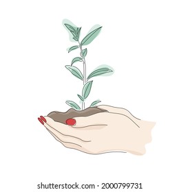 Women's hands in a minimal linear style. Vector emblems with hand gestures holding a plant. Mystical symbols for natural cosmetics, medicinal herbs, eco products, body care, tatoo, jewellery, beauty.