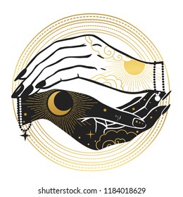 Women's hands with moon and sun. Hand drawn vector illustration for t-shirt, temporary tattoo, stickers and other designs