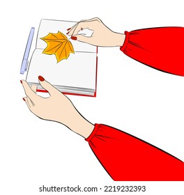 Women's hands with a notepad and a maple leaf in their hands. Vector cartoon illustration of notepad, pen and female hands