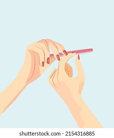 Women's hands on a blue isolated background with a bright pink manicure saw nails. Nail care and stylish manicures. Illustration for the beauty industry, manicure workshop