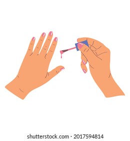 Die Hände der Frauen streichen ihre Nägel. Nagelpflegekonzept. Flache Vektorgrafik einzeln auf weißem Hintergrund