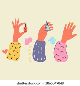 Women's hands with painted nails hold nail Polish. Manicure. Flat illustration. Beauty and care concept. 