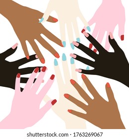 Women's hands with painted nails. Racial diversity. One-color manicure. Vector illustration isolated on a white background for design and web.
