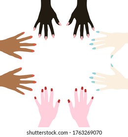 Women's hands with painted nails. Racial diversity. One-color manicure. Vector illustration isolated on a white background for design and web.